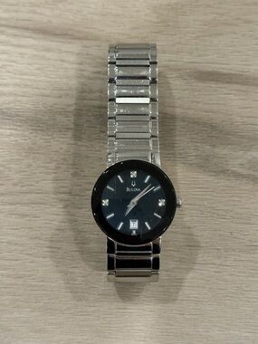 Bulova Modern Men's Watch Black Dial 3-Diamond Markers Stainless Steel 96D18